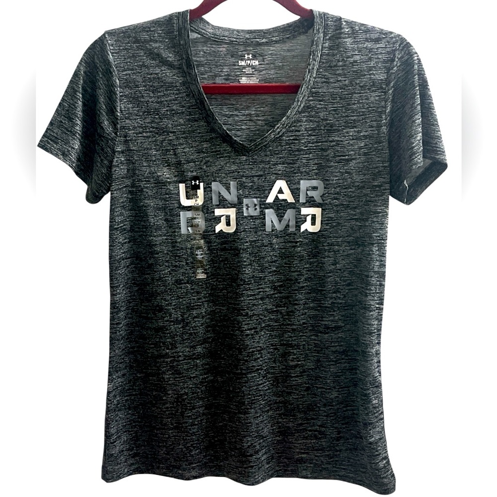 Under Armour Tech Twist Graphic V Neck - Women’s Small-Black Medium Heather-NWOT